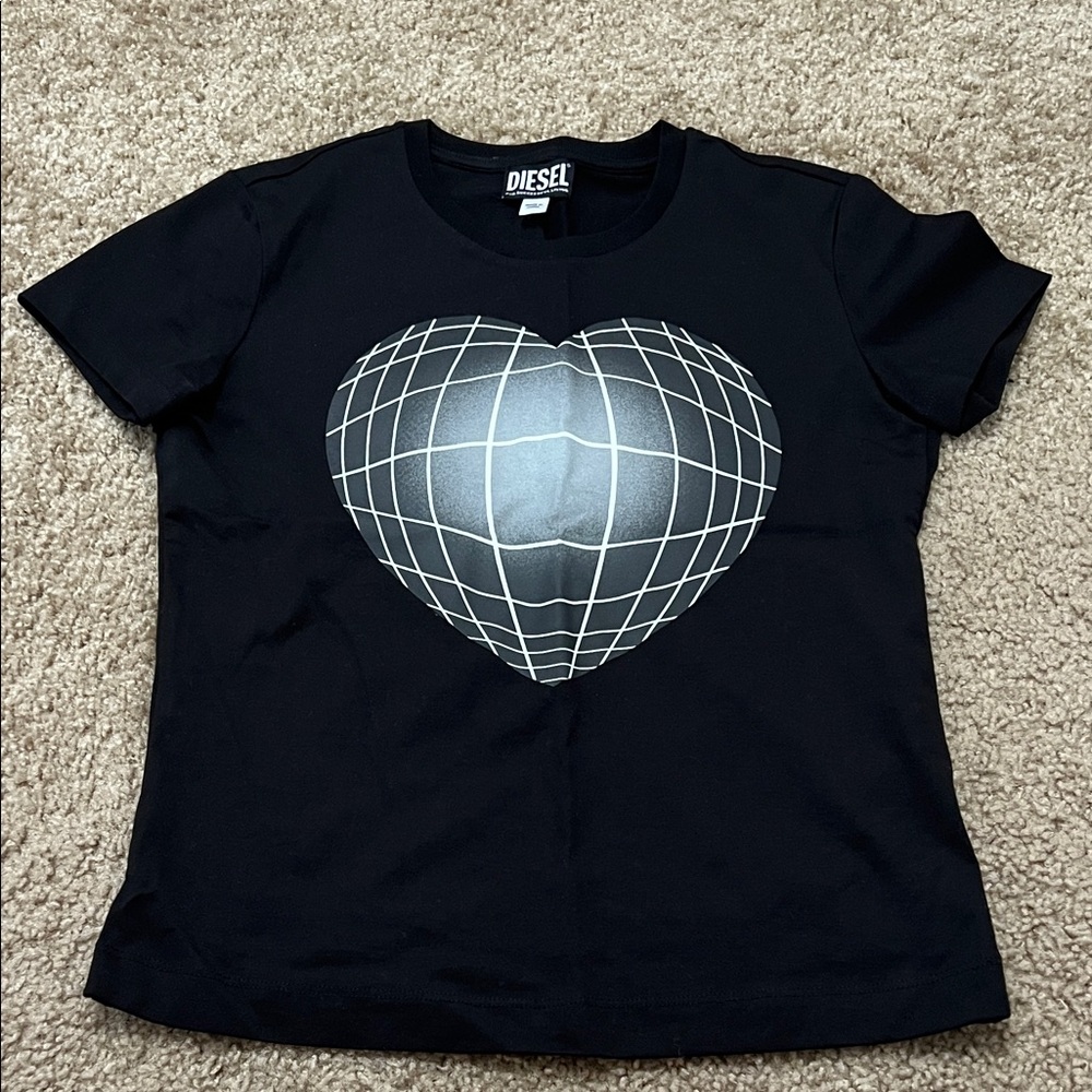 Diesel Black Tee with Silver Grid Heart